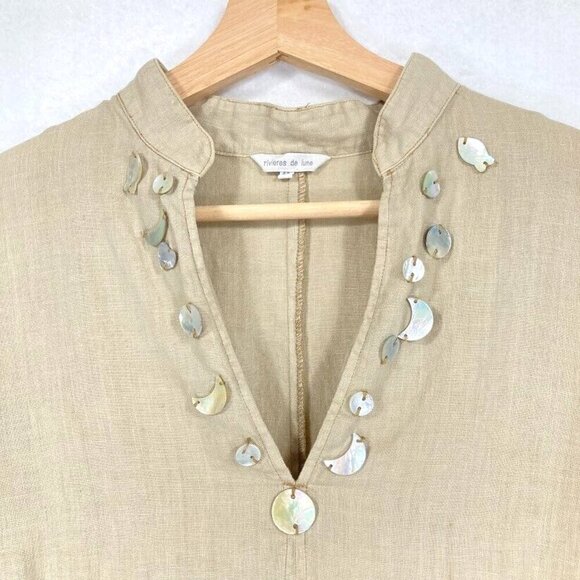 Rivieres de Lune 3/4 Sleeve Open Cuff 100% Linen Midi Dress Light Beige - Picture 2 of 10